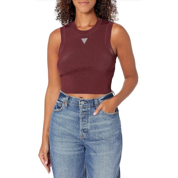 Guess NWT Large cropped Tank Top Alexia Stretch Mystic burgundy Red Wine - Picture 1 of 7